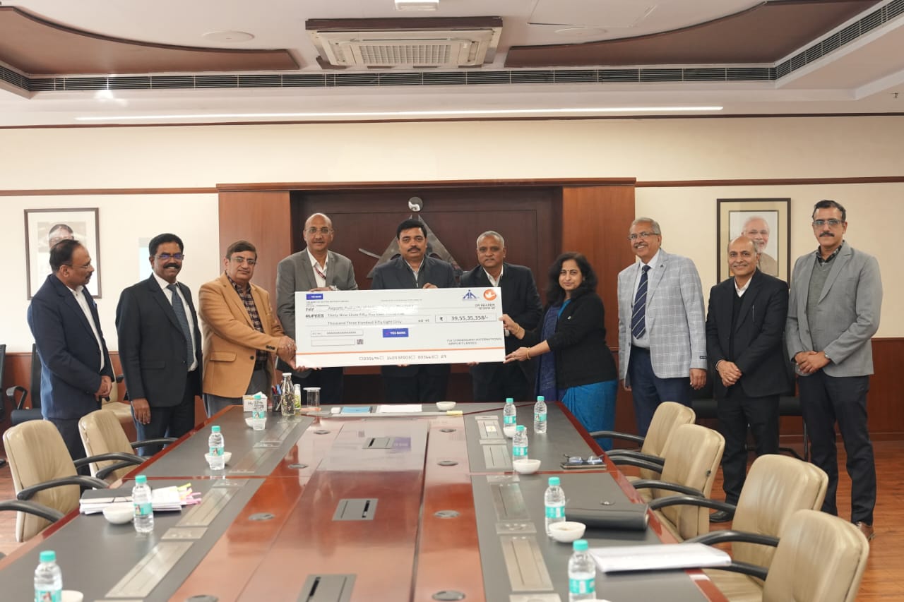 Chandigarh International Airport Limited (CHIAL) presented an Interim Dividend of ₹39.55 Cr for FY 2025–26 to the Hon’ble Chairman, AAI, Shri Vipin Kumar